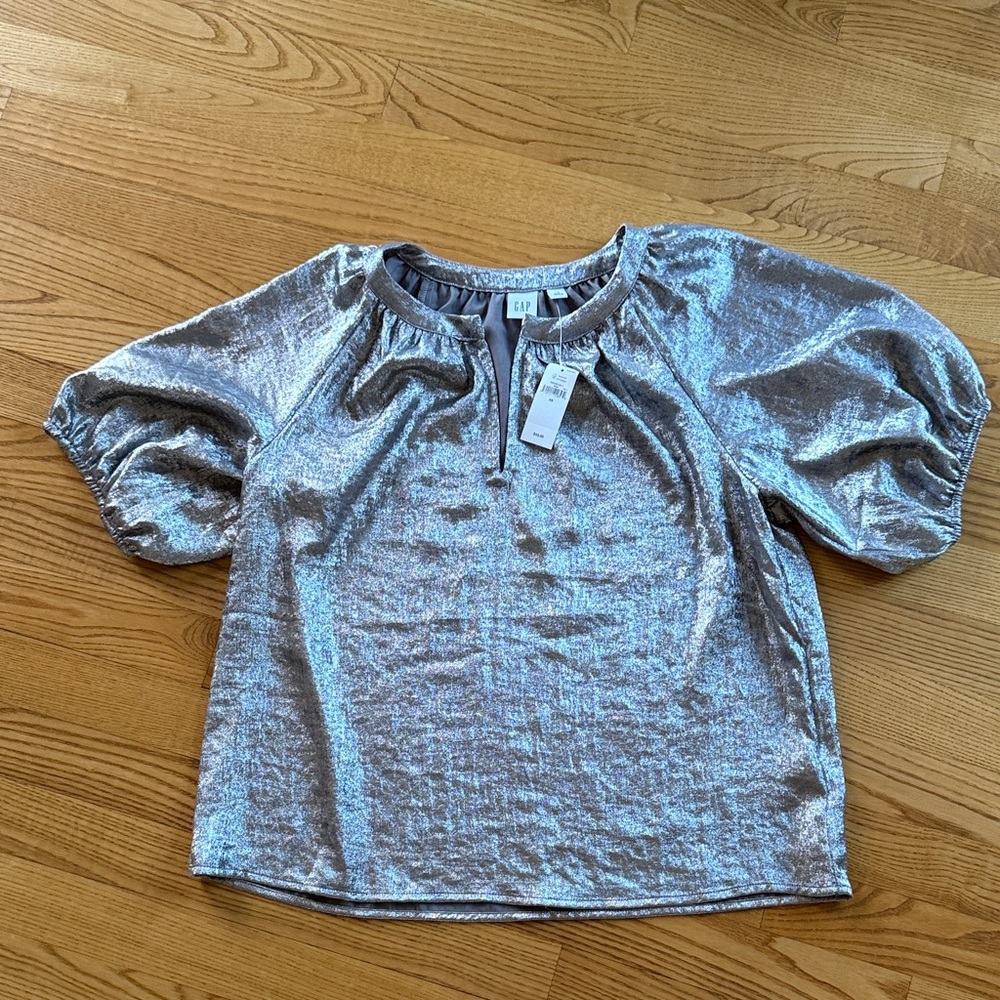 GAP Silver Puff Sleeve Split Neck Top Blouse
